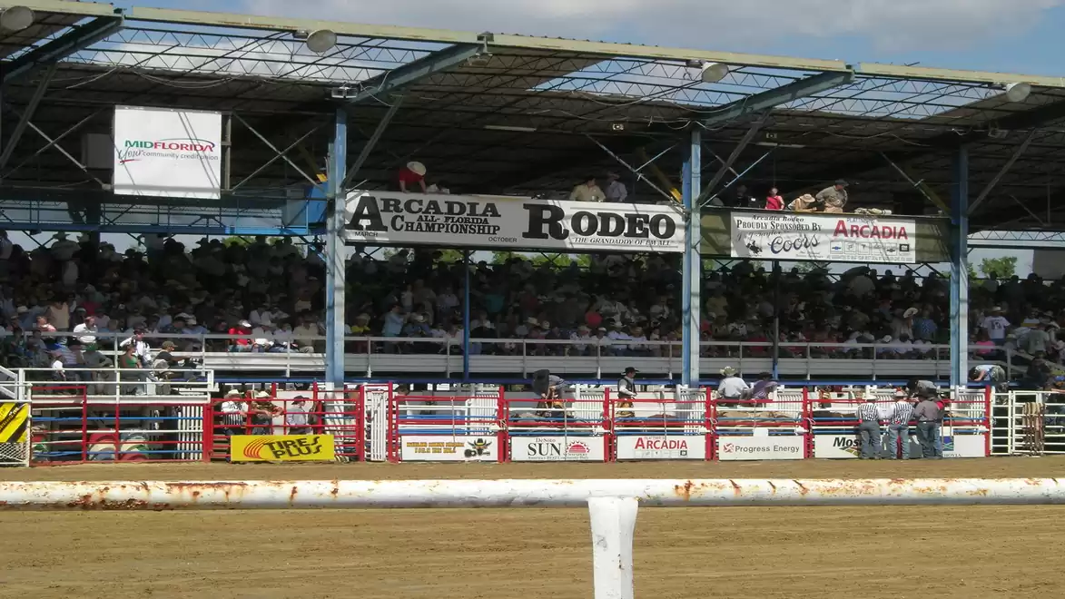 Image of a rodeo with full stands and open roof structures. Spectators are seated in the stands, while the arena with a white fence is visible in the foreground.