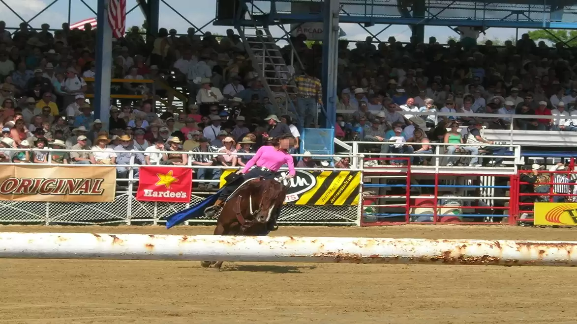 A person in pink clothing rides a horse in an arena in front of an audience.