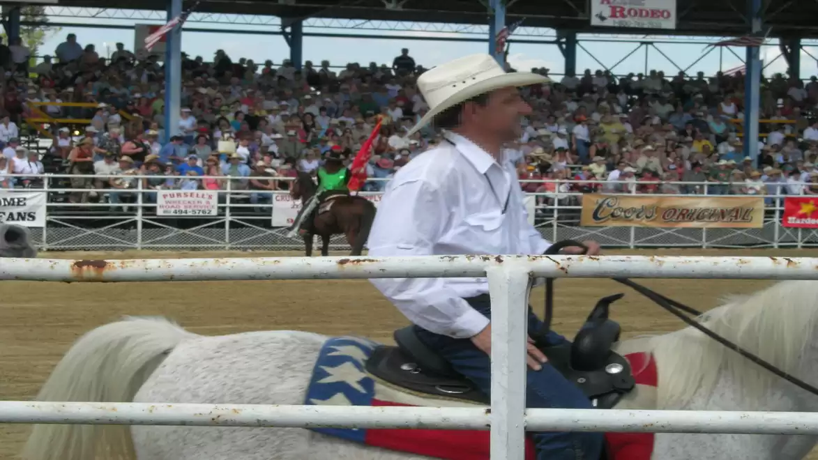 A rodeo rider in a white shirt and cowboy hat rides a white horse in an arena with well-filled spectator stands.