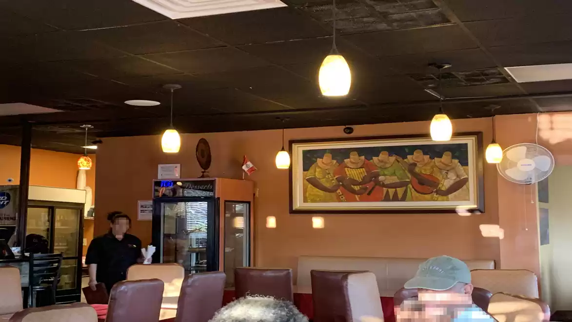 Interior view of a restaurant with ceiling lights and artwork on the wall, person in the background.