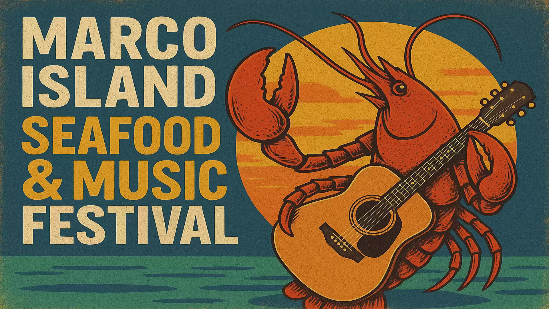Illustration of a red lobster holding an acoustic guitar with a yellow sunset in the background and the text 'Marco Island Seafood & Music Festival'.