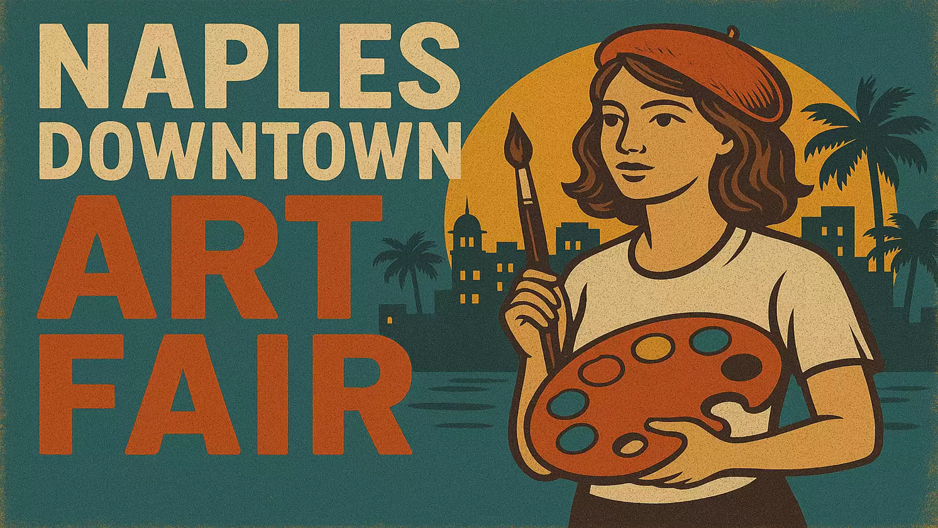 Illustration of an artist with a red beret, palette, and brush in front of a city skyline with palm trees, promoting the Naples Downtown Art Fair.