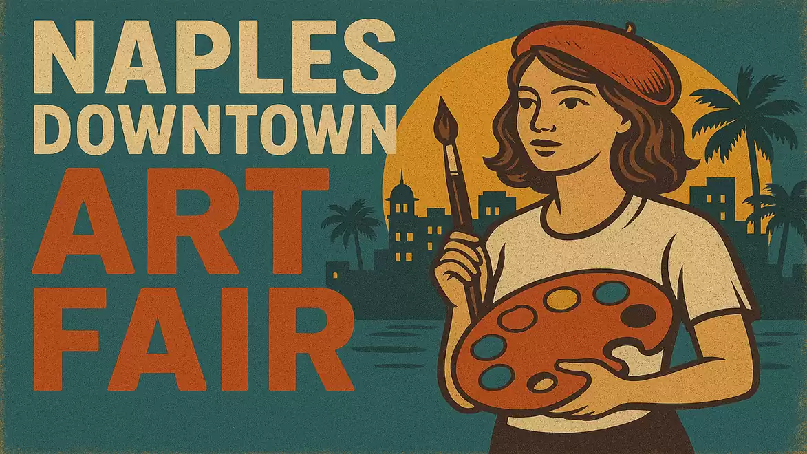 Illustration of an artist with a red beret, palette, and brush in front of a city skyline with palm trees, promoting the Naples Downtown Art Fair.