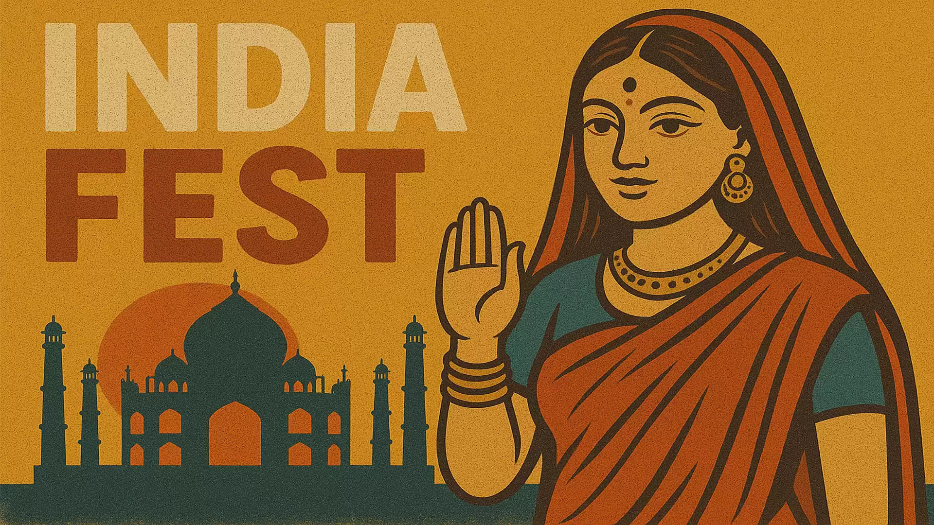 Illustration of an Indian woman in traditional clothing with the Taj Mahal in the background and the text 'India Fest'.