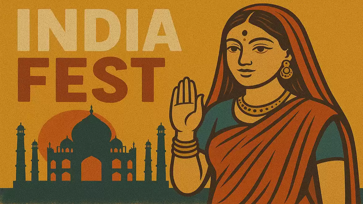 Illustration of an Indian woman in traditional clothing with the Taj Mahal in the background and the text 'India Fest'.