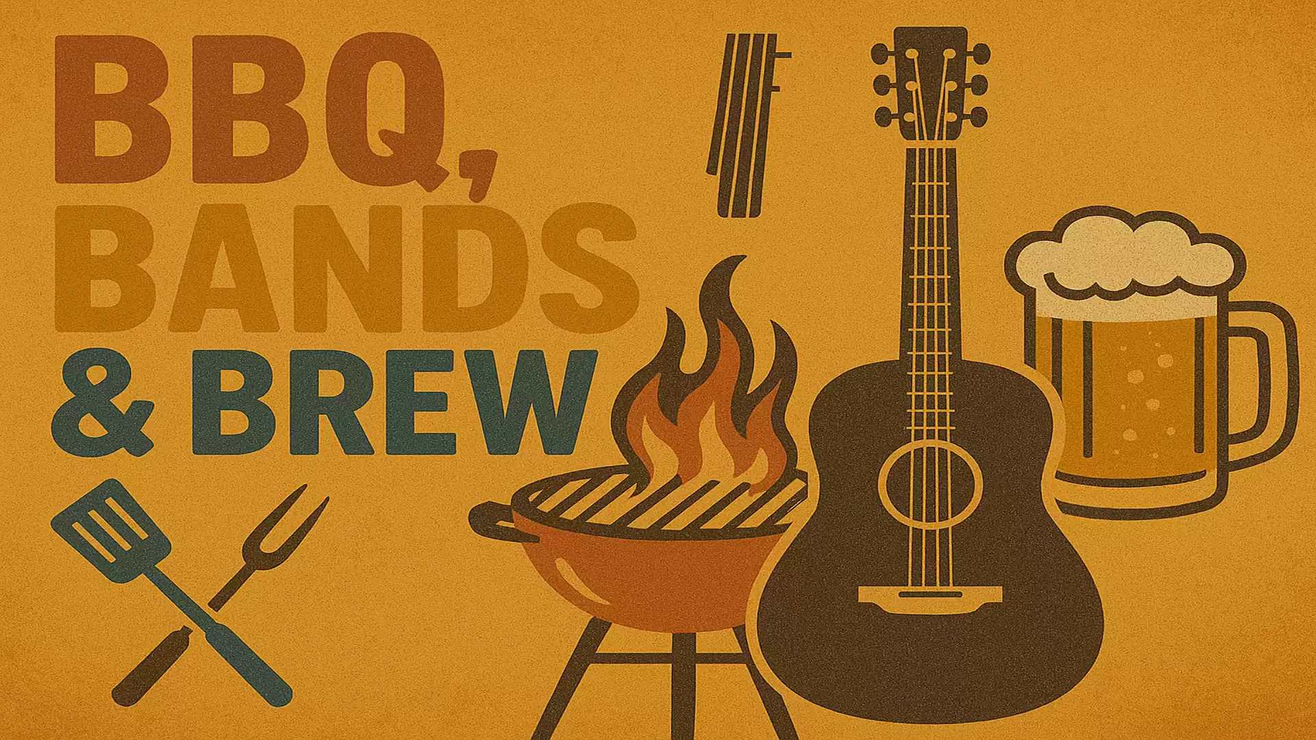 Illustration of BBQ, Bands and Brew: Grill, guitar and beer mug.