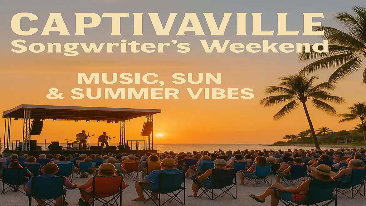 Evening beach concert at sunset with palm trees at Captivaville Songwriter's Weekend.