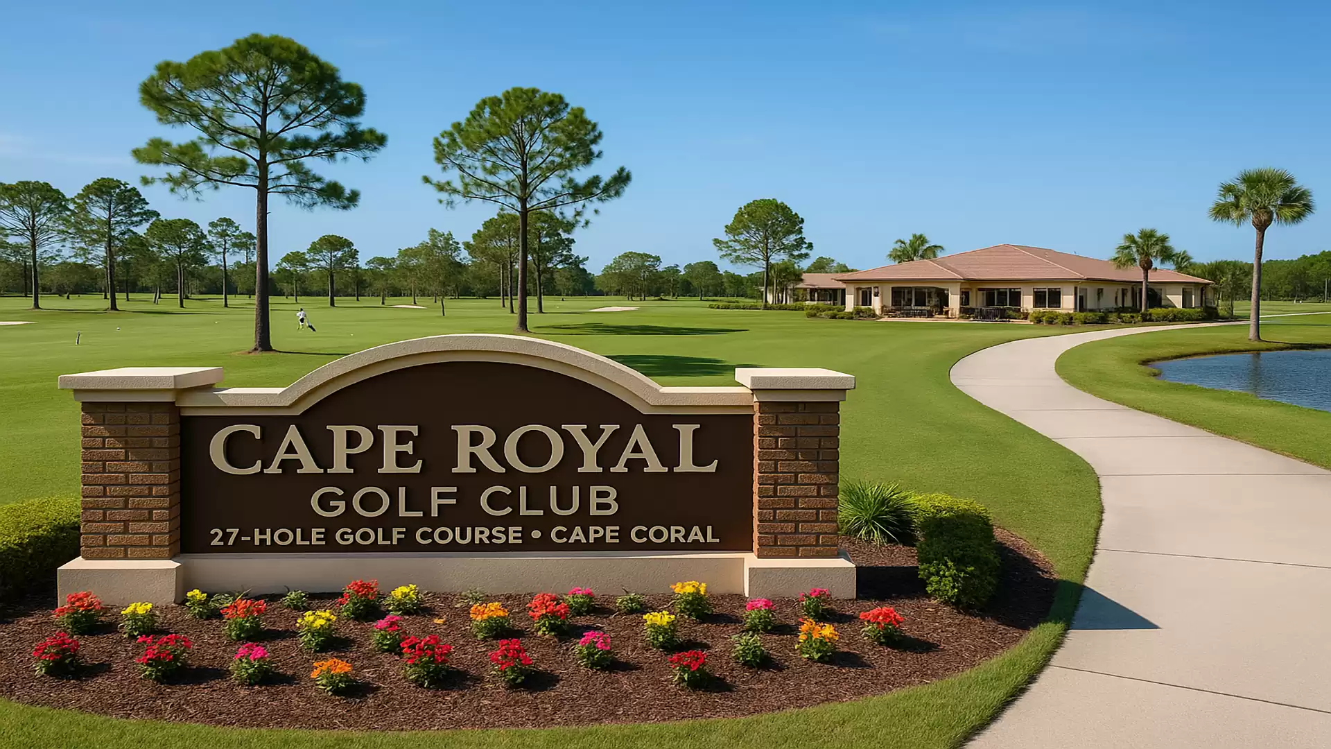 Entrance to the Cape Royal Golf Club with manicured lawn, flowerbed, and a building in the background under a clear sky.