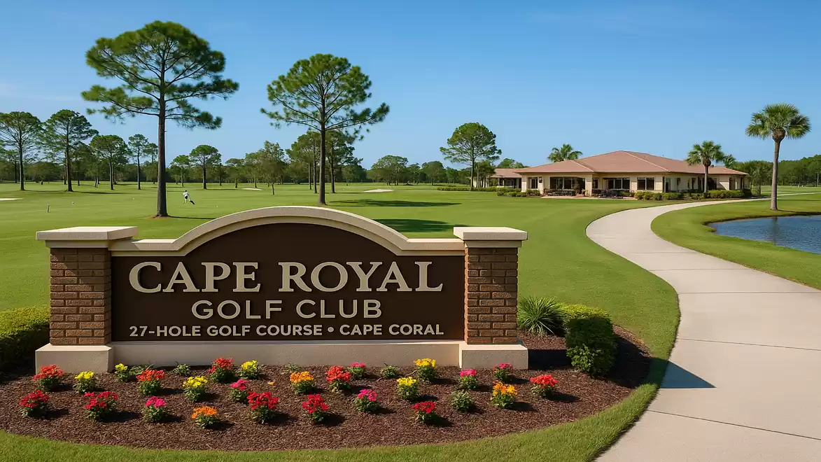 Entrance to the Cape Royal Golf Club with manicured lawn, flowerbed, and a building in the background under a clear sky.