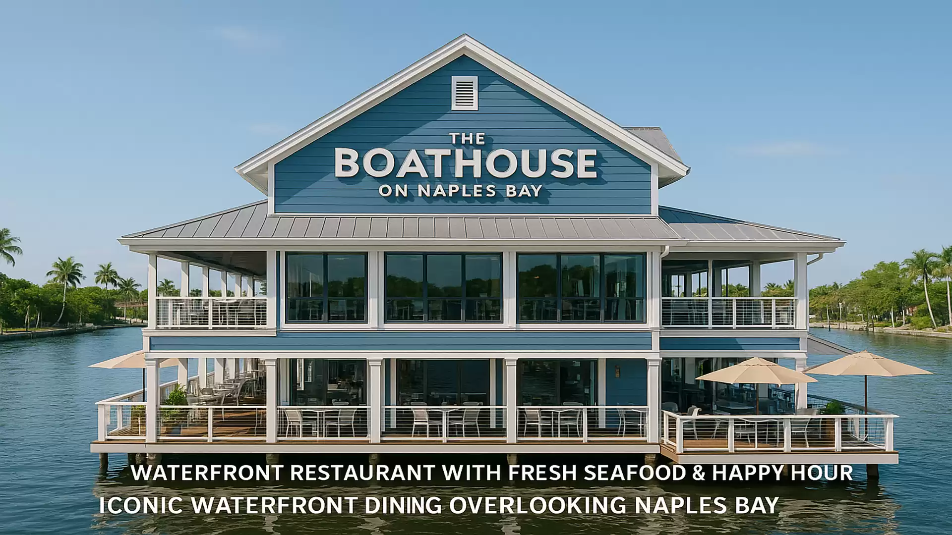 A blue, traditionally designed restaurant named 'The Boathouse on Naples Bay' is located by the water, surrounded by palm trees and a clear sky. It offers waterfront dining and fresh seafood.