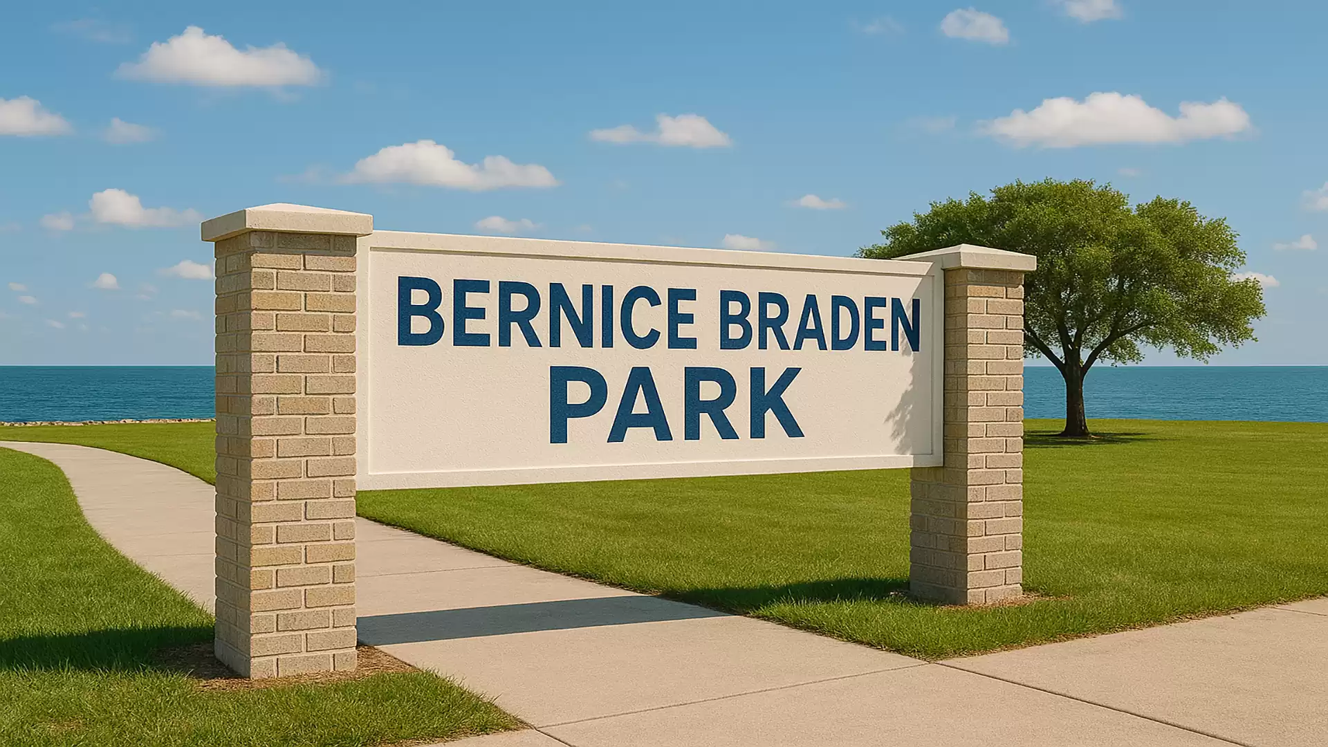 A sign reading 'Bernice Braden Park' is set on a well-maintained lawn with a tree and the sea in the background.