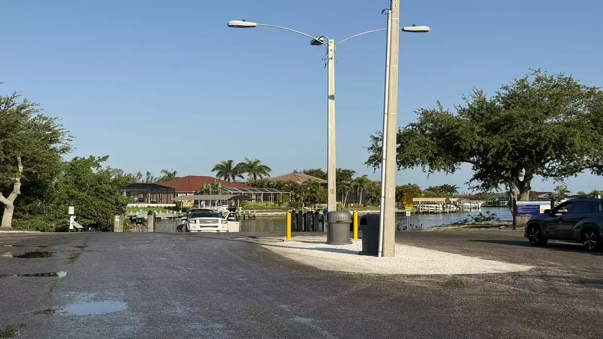 Street scene in daylight with trees, cars, and streetlights near a lake.
