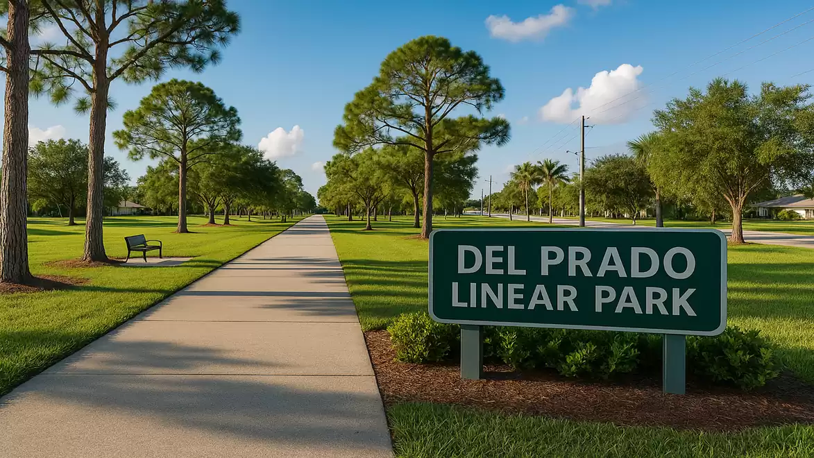 A well-maintained walkway in Del Prado Linear Park, lined with tall trees under a clear sky.