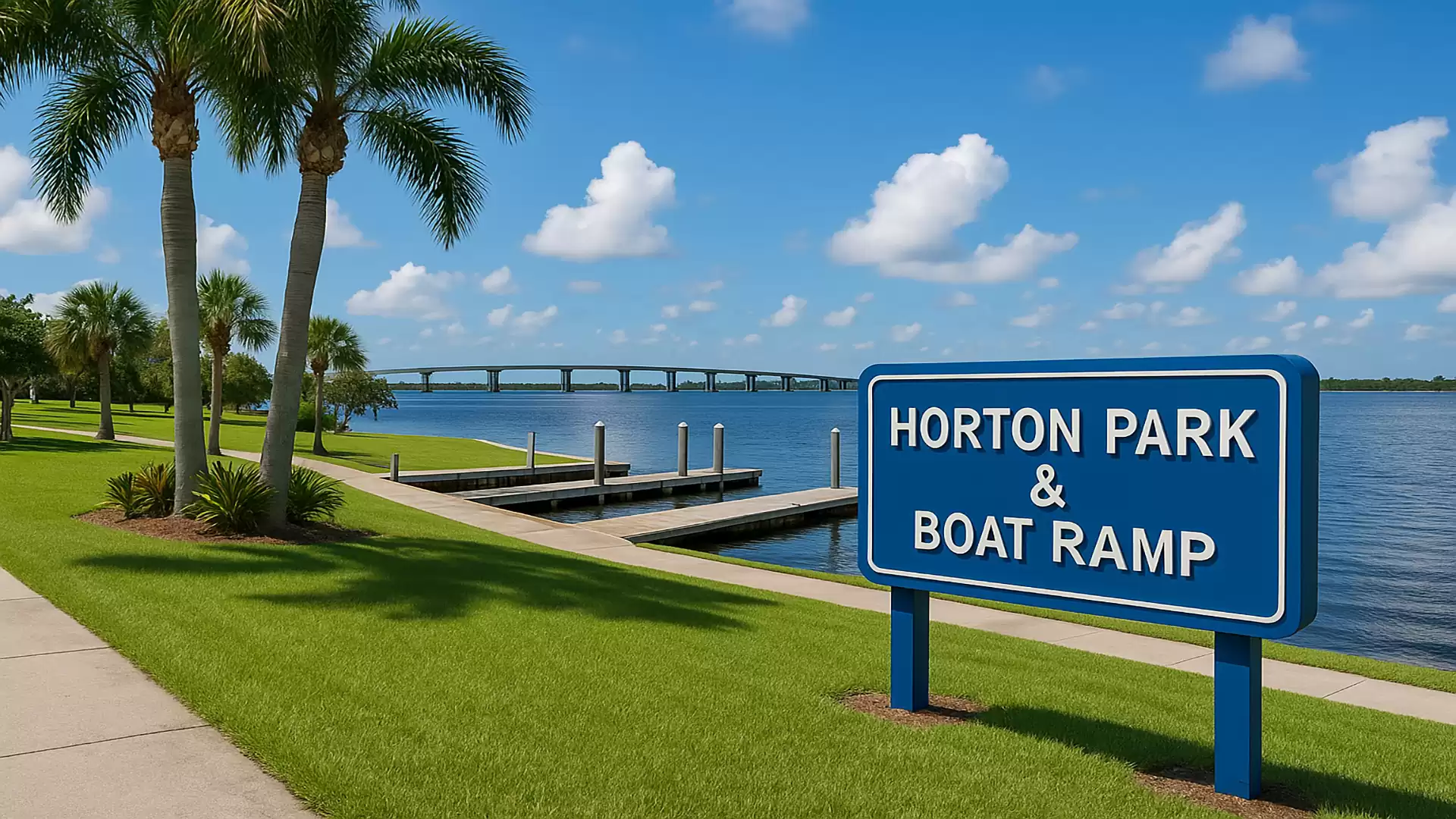 Sunny day at Horton Park featuring a boat ramp and a river, lined with palm trees and a blue sky.