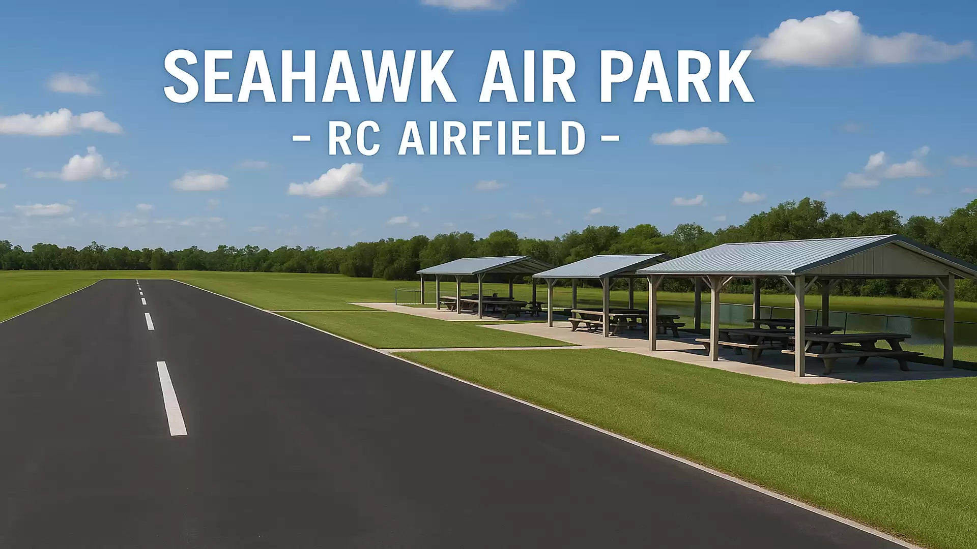 Aerial view of Seahawk Air Park featuring a long, straight runway and covered picnic tables on a well-kept lawn.