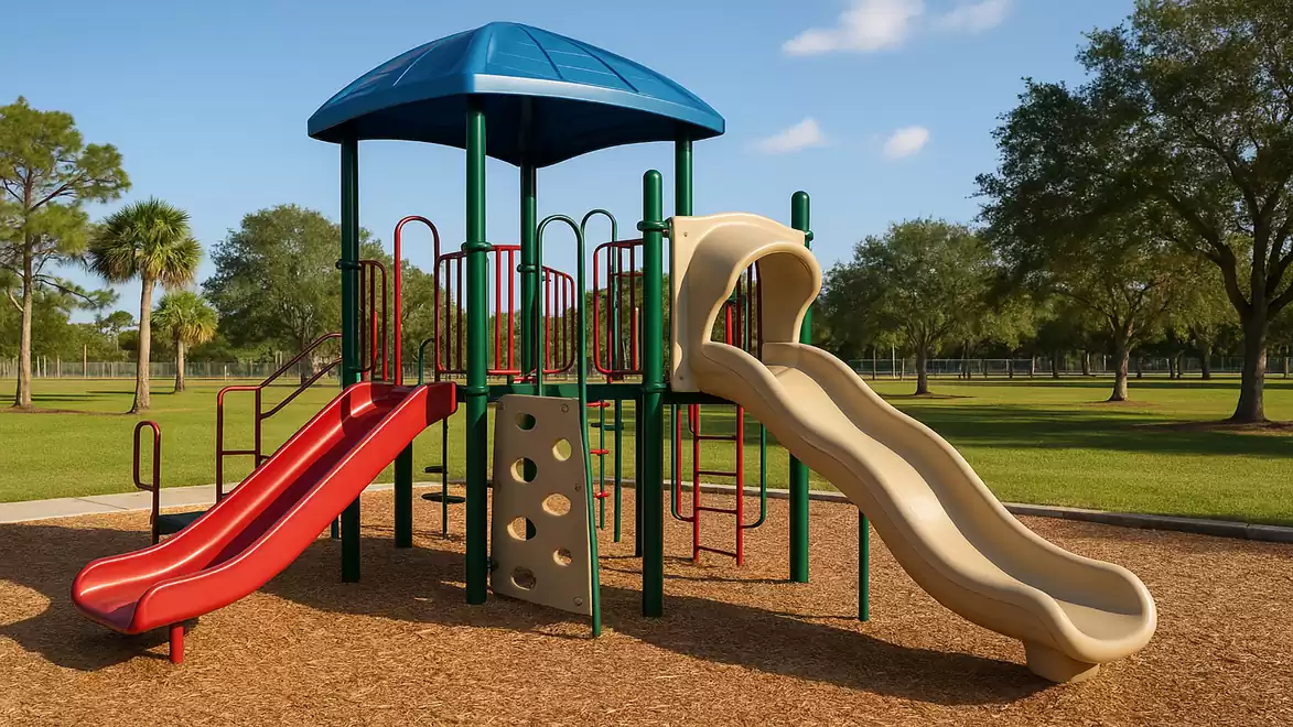 A modern children's playground with red and beige slides, surrounded by green trees and grass in sunshine.