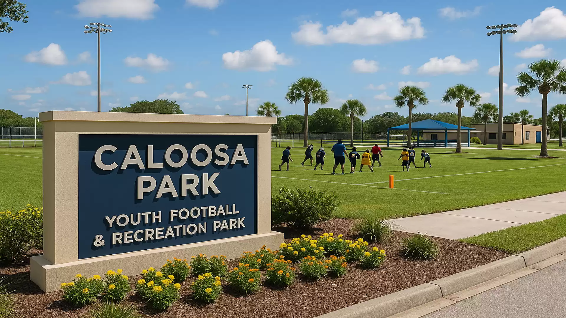 Caloosa Park sign in front of a youth football and recreation park with children playing on the grass on a sunny day.