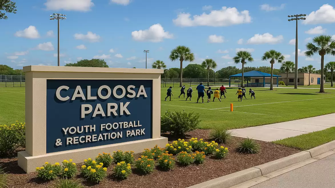 Caloosa Park sign in front of a youth football and recreation park with children playing on the grass on a sunny day.