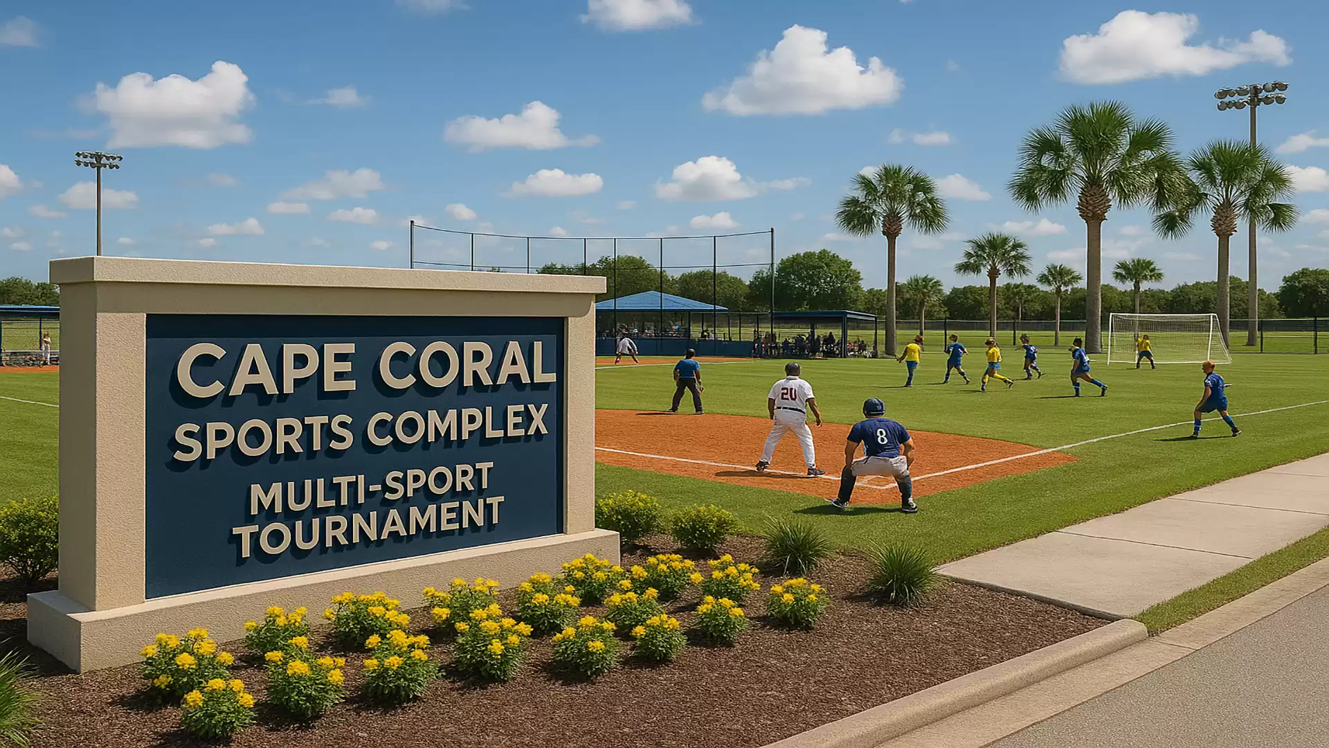 A baseball game is taking place at the Cape Coral Sports Complex. In the foreground, there's a sign reading 'Cape Coral Sports Complex Multi-Sport Tournament'.