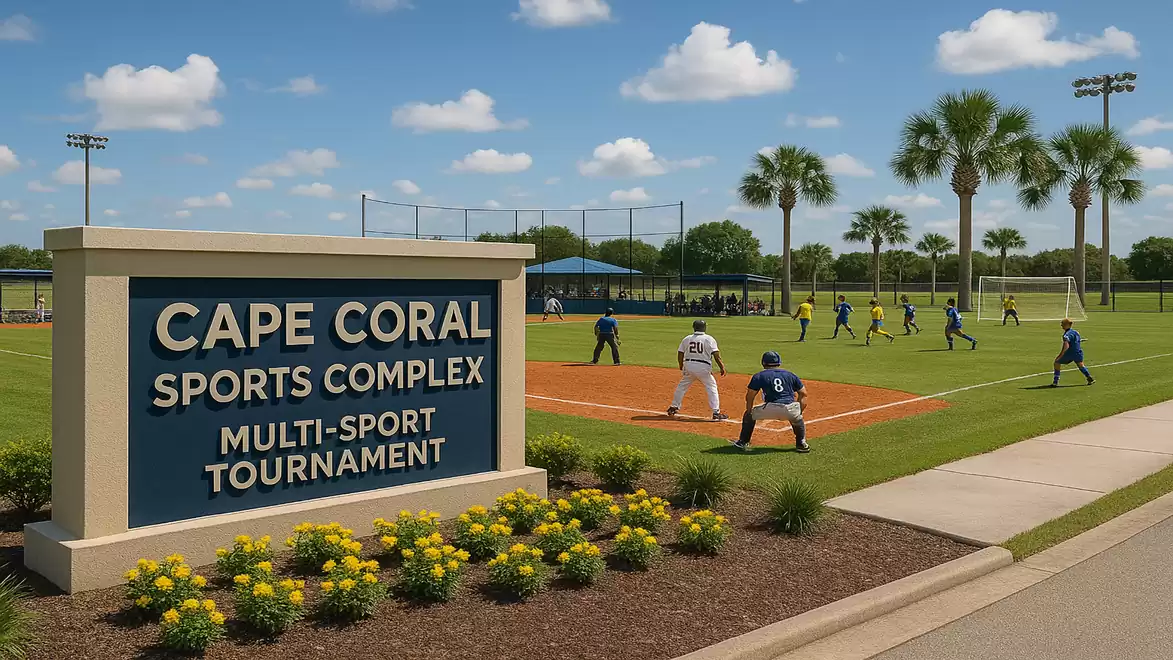 A baseball game is taking place at the Cape Coral Sports Complex. In the foreground, there's a sign reading 'Cape Coral Sports Complex Multi-Sport Tournament'.