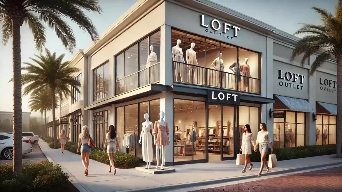 Shopping mall with LOFT Outlet, people walking along the sidewalk under palm trees.