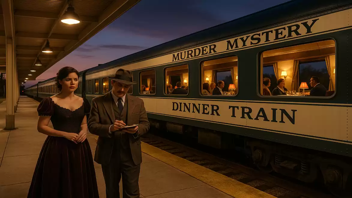 Evening scene at a train station with an elegantly dressed couple in front of a train labeled 'Murder Mystery Dinner Train', with illuminated windows showing guests.