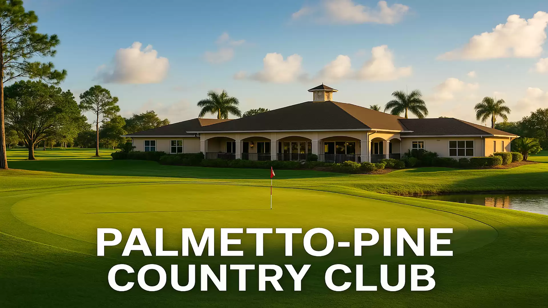 An elegant country club with a well-maintained golf course in the foreground, surrounded by palm trees and a clear sky.