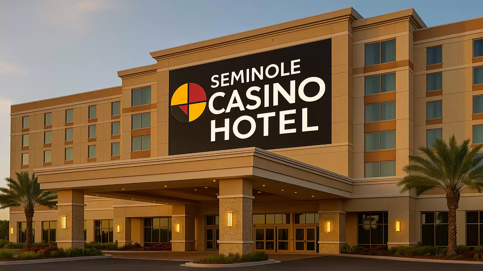 Modern facade of the Seminole Casino Hotel with illuminated entrance at sunset.