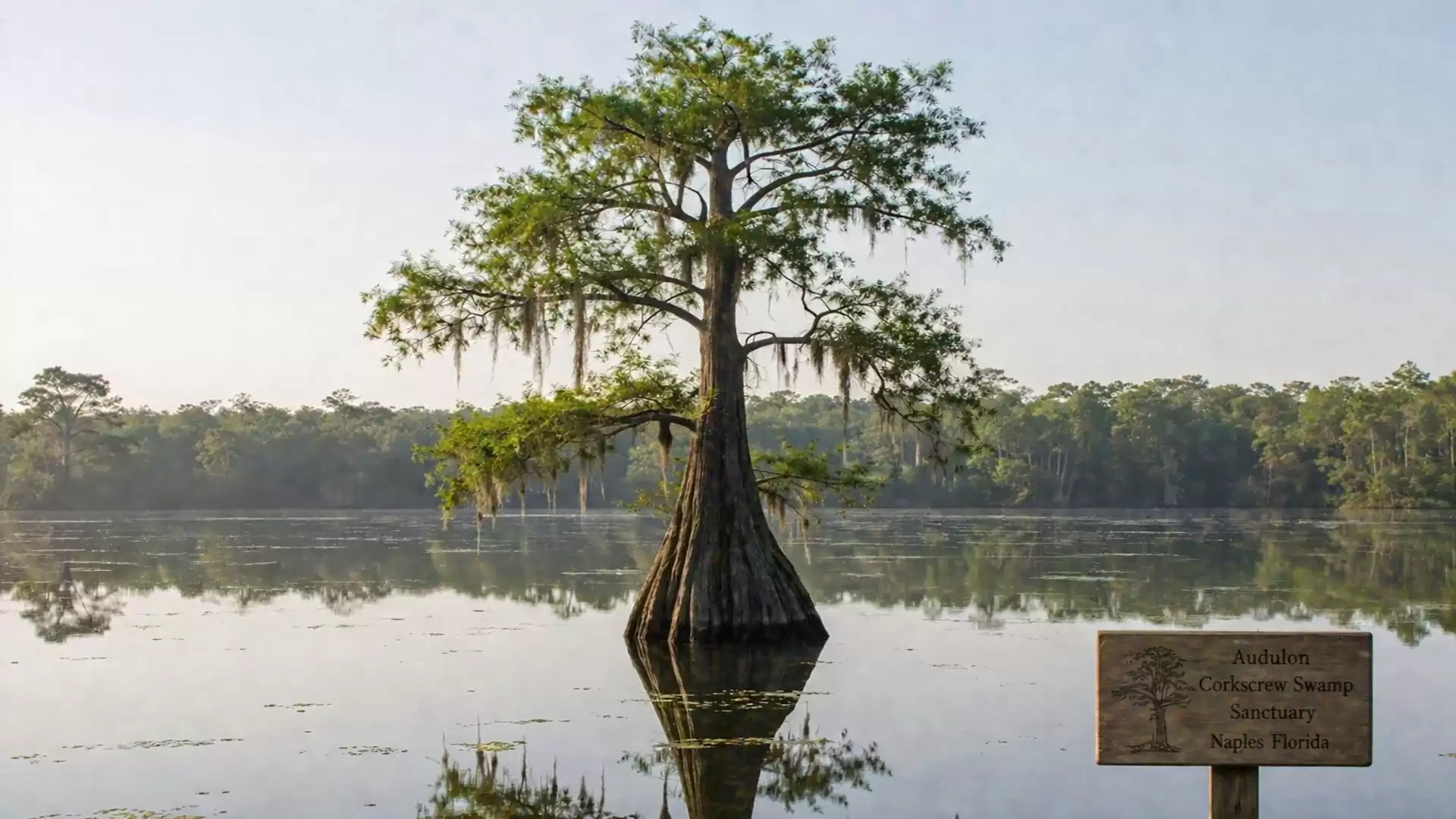 A solitary cypress tree growing from a calm lake, surrounded by forest in the background. A sign with inscriptions is visible at the edge.