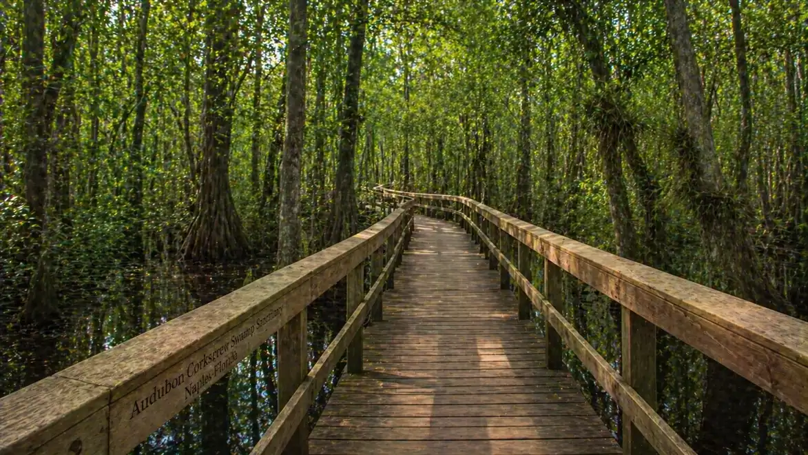 Wooden walkway through a dense, green forest with tall trees and surrounding water.