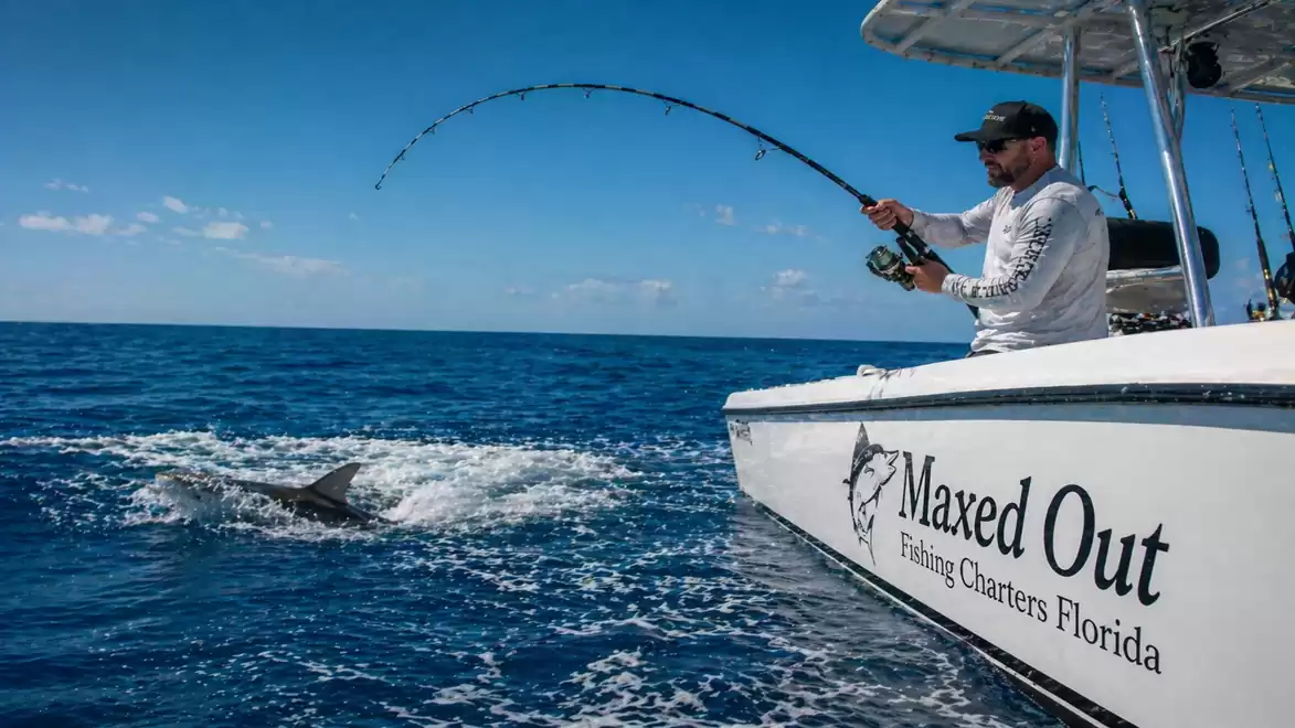 An angler on a fishing boat in Florida battles with a fishing rod against a large fish in the sea.
