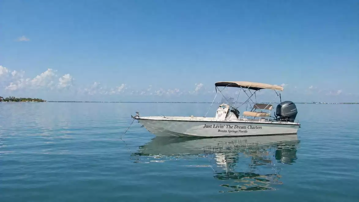 A white motorboat on calm, blue sea with a clear sky in the background.