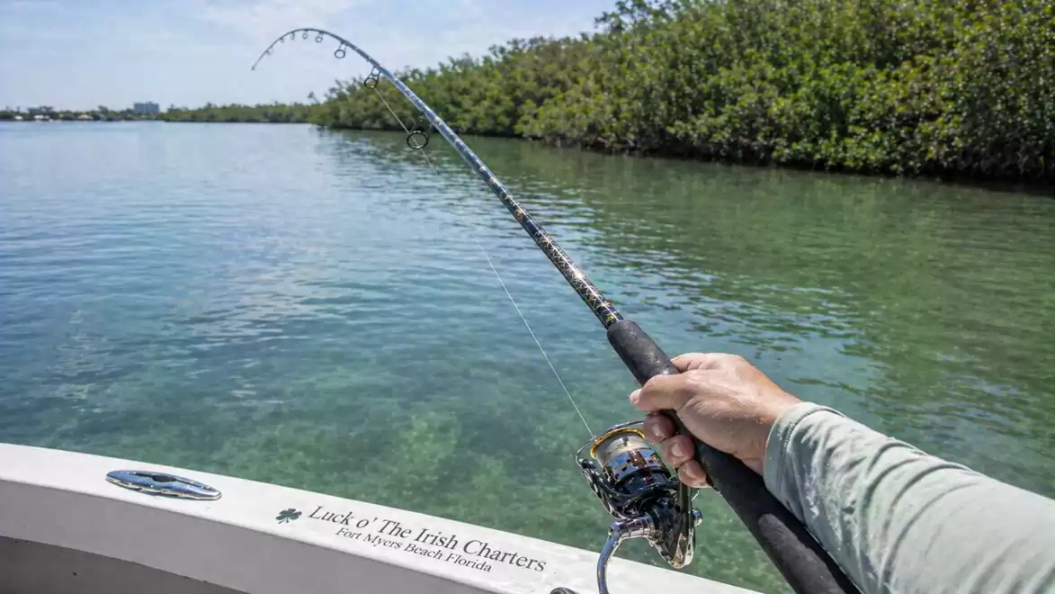 Fisherman on a boat holding a fishing rod in clear, green waters on a sunny day.