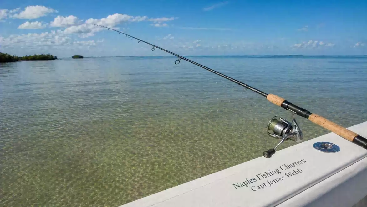 A fishing rod extends from a boat into the calm, clear water of a lake or bay under sunny weather.