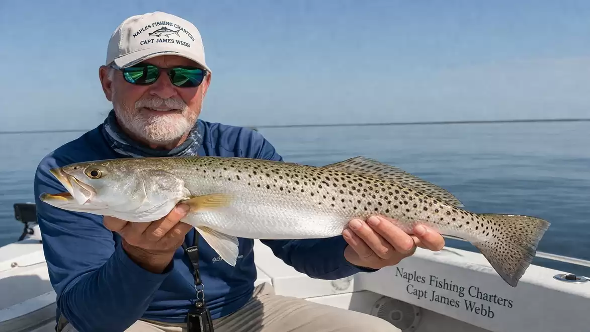 An older man in a blue jacket and sunglasses holds a large fish on a boat with an expansive ocean view in the background.