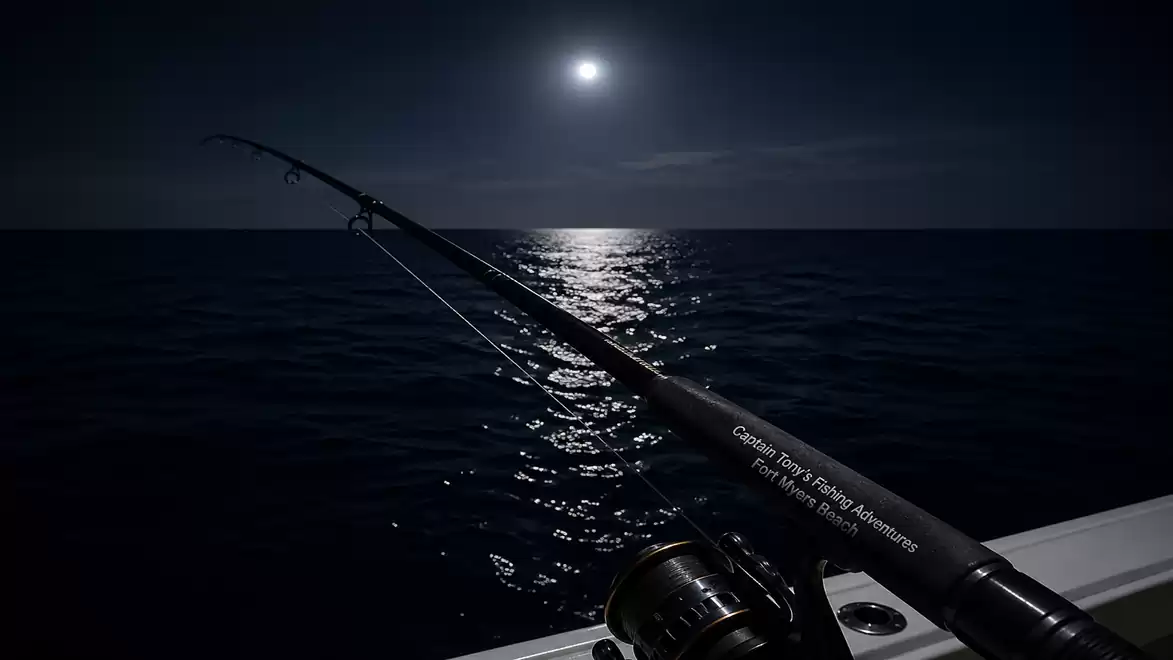 Fishing under a full moon at sea, with a fishing rod in the foreground and a glowing moon in the night sky.