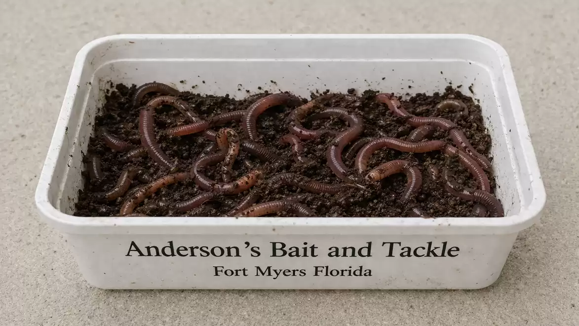 A white container labeled 'Anderson's Bait and Tackle, Fort Myers Florida', filled with live earthworms and soil.