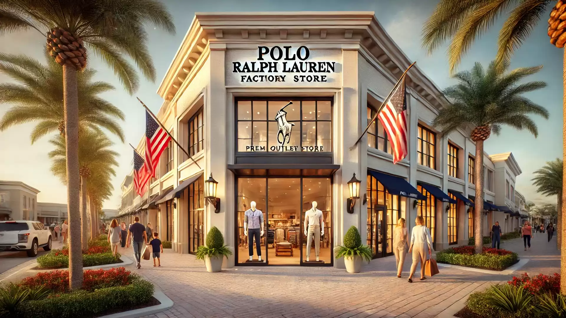 Exterior view of a Polo Ralph Lauren Factory Store with American flags and palm trees, surrounded by people shopping.