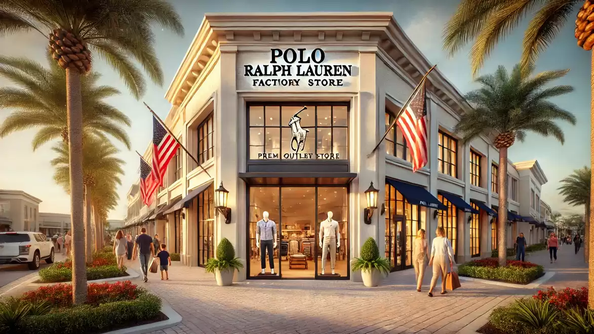 Exterior view of a Polo Ralph Lauren Factory Store with American flags and palm trees, surrounded by people shopping.