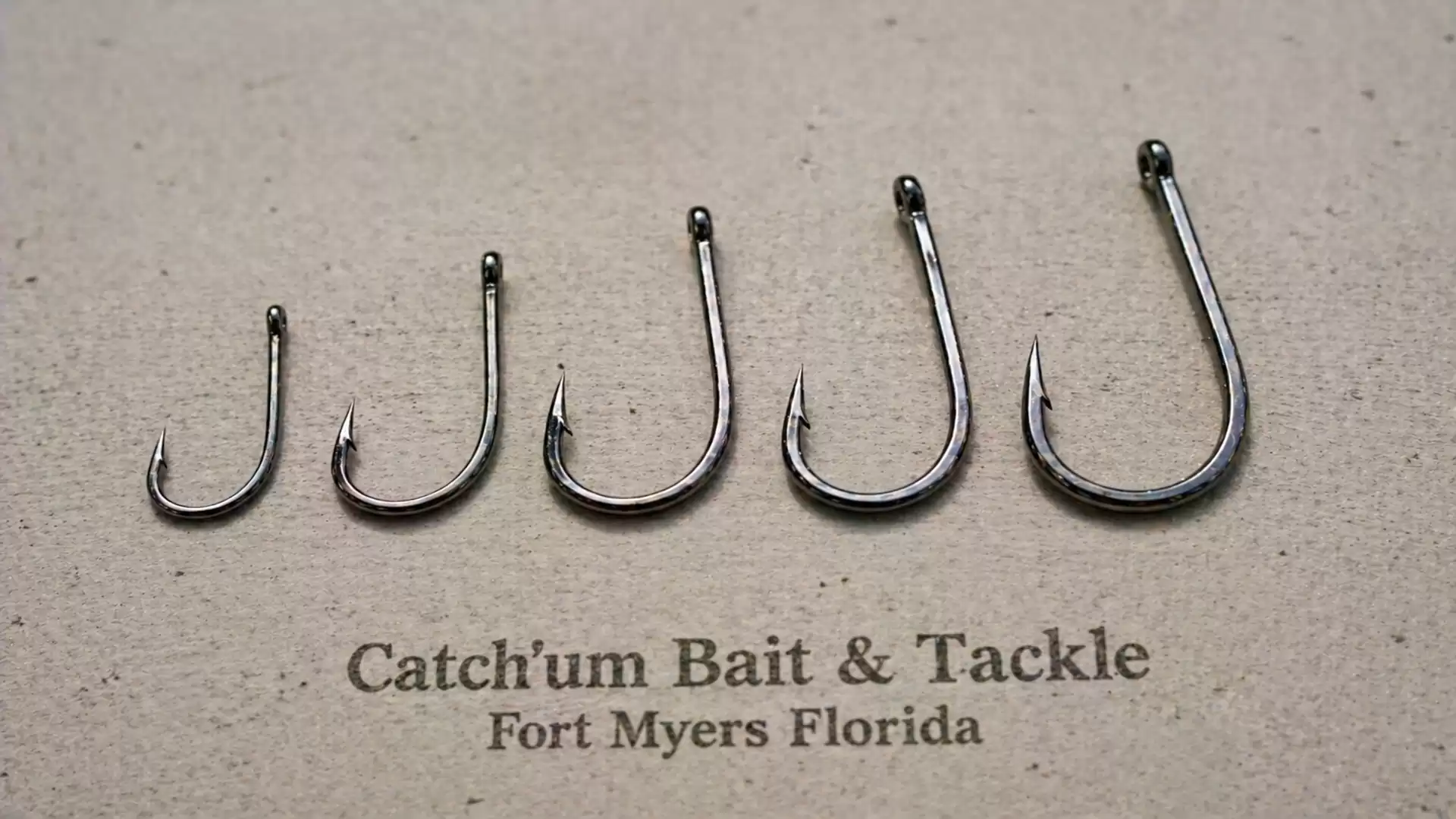 Five fishing hooks of different sizes arranged on a light background, with the text 'Catch'um Bait & Tackle, Fort Myers Florida' below.