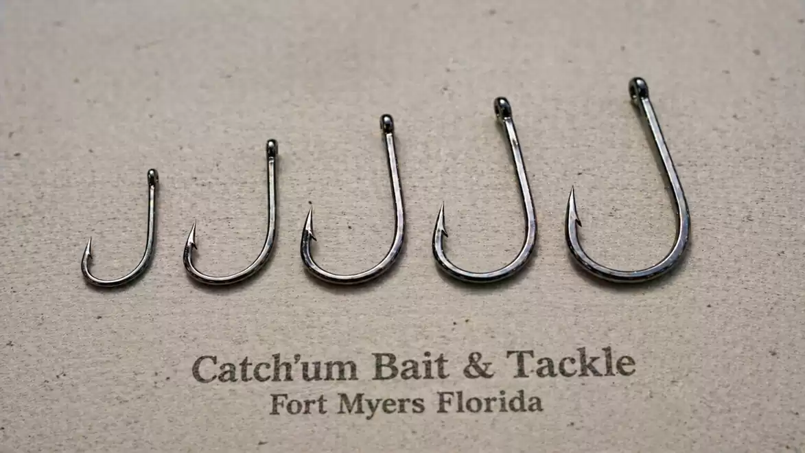 Five fishing hooks of different sizes arranged on a light background, with the text 'Catch'um Bait & Tackle, Fort Myers Florida' below.