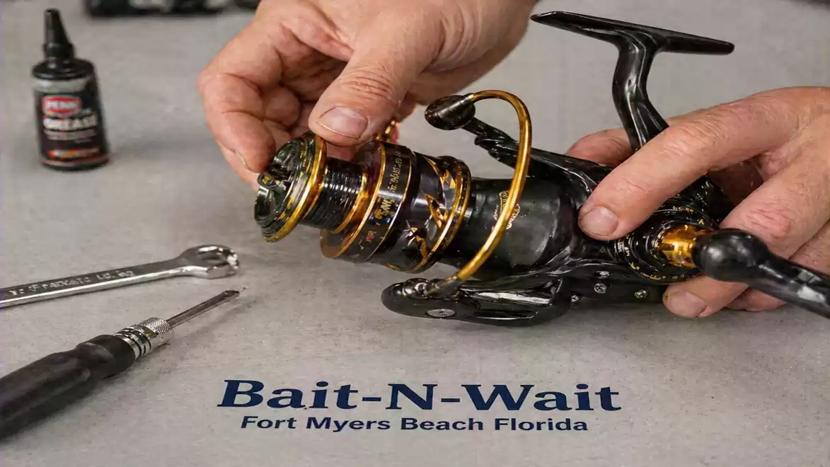 An angler repairs a fishing reel on a table, surrounded by tools and a bottle of oil. In the background, the text 'Bait-N-Wait Fort Myers Beach Florida' is visible.