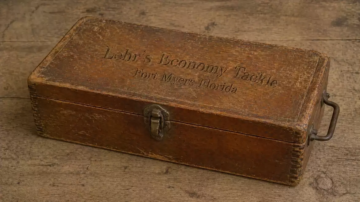 Old wooden box with the inscription 'Lehr's Economy Tackle, Fort Myers, Florida' on a wooden table.