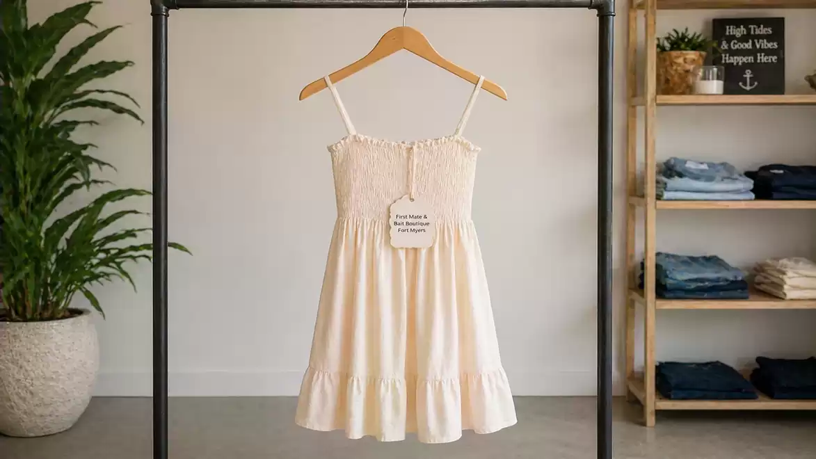 A cream-colored summer dress hangs on a hanger in a shop. In the background, there are plants and shelves with folded clothes. A tag on the dress indicates special features or offers.