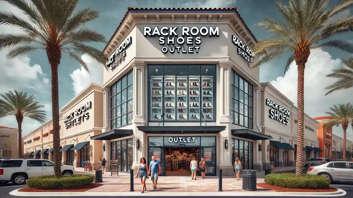 Corner building of a Rack Room Shoes Outlet, surrounded by palm trees, featuring multiple display windows and people walking in front.