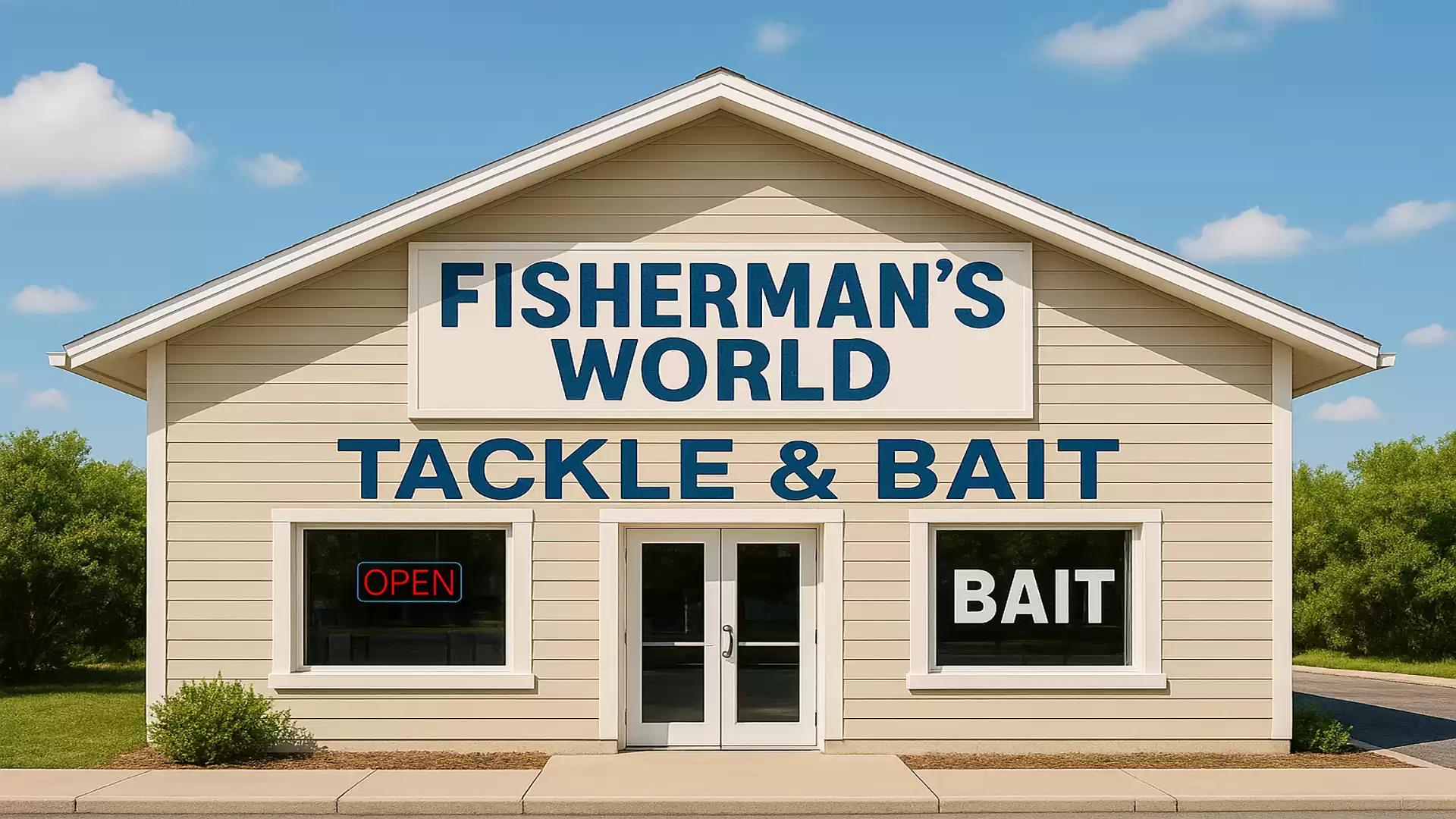 Image of a fishing store named Fisherman's World. The building reads 'Fisherman's World Tackle & Bait' with signs saying 'Open' and 'Bait'.