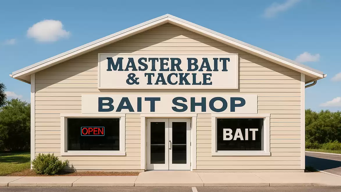 A bait shop with signs 'Master Bait & Tackle' and 'Bait Shop' on the front, surrounded by green landscape and blue sky.