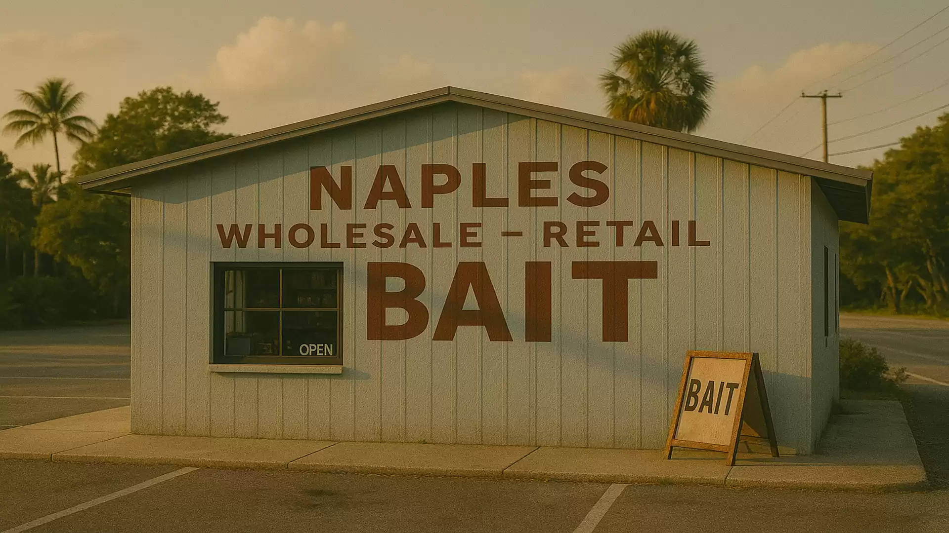 A small shop with a sign 'Naples Wholesale - Retail Bait'. It is a bait store in a quiet, sunny area.