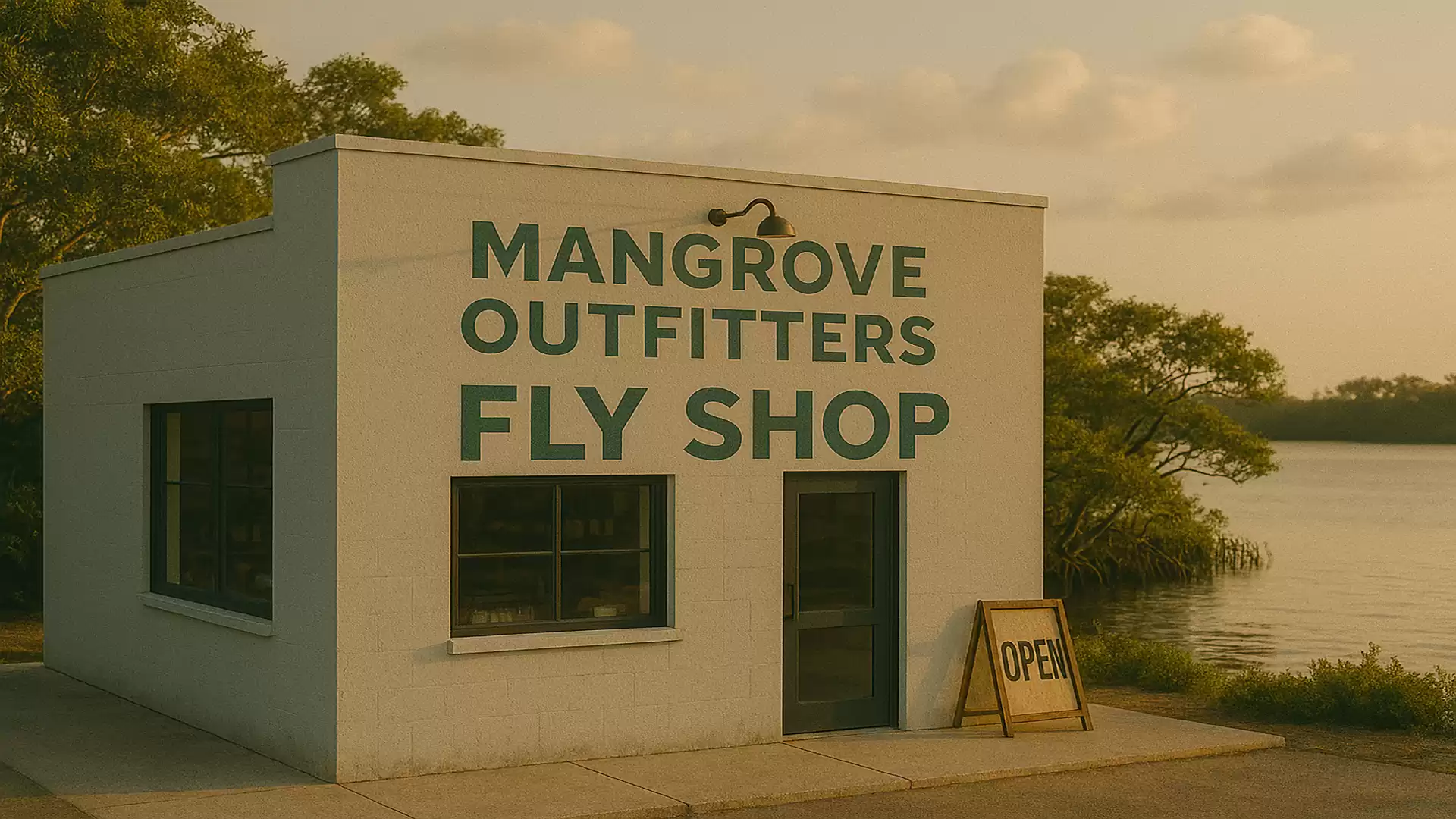 A small building labeled 'Mangrove Outfitters Fly Shop' stands by a body of water, surrounded by trees.