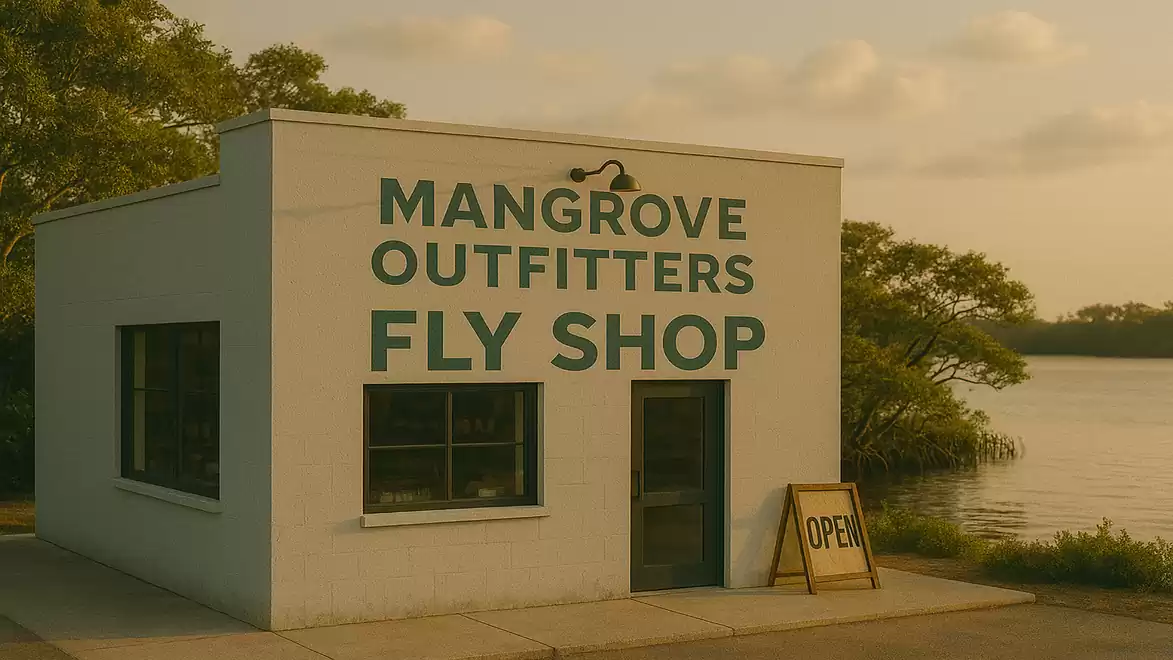 A small building labeled 'Mangrove Outfitters Fly Shop' stands by a body of water, surrounded by trees.